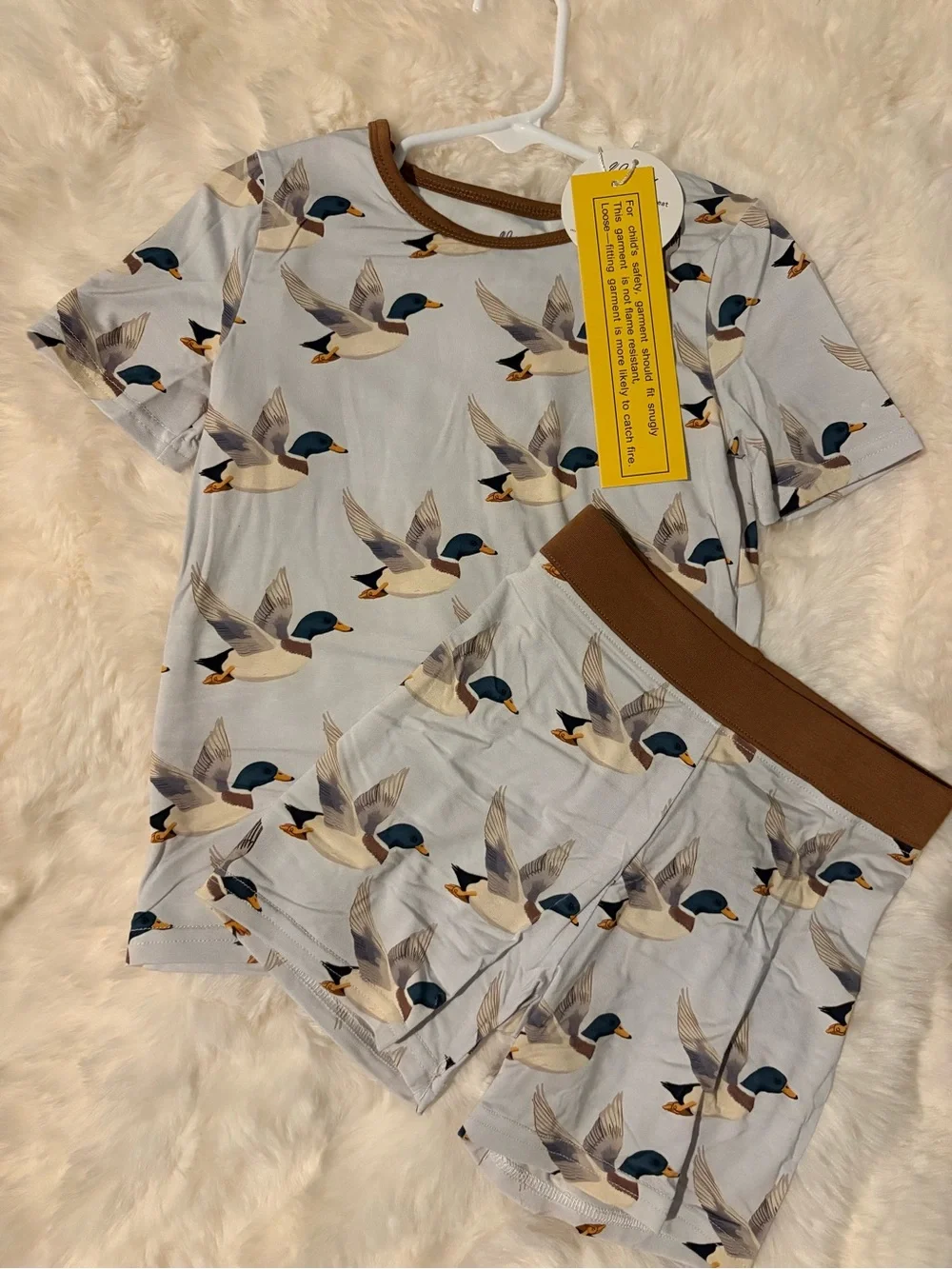 Bamboo Duck-Print Short Pajama Set - Light Blue with Brown Trim